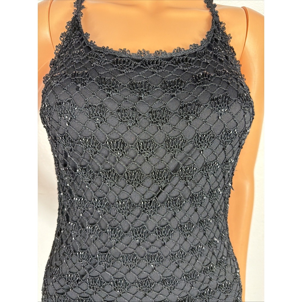 Vtg 90s Y2k Sz S/M Black Crochet Maxi Dress Beade… - image 3